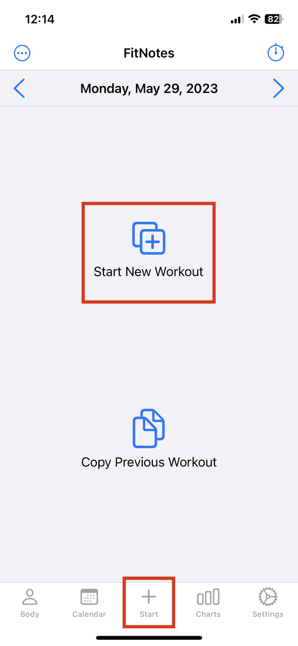 Main Blank Workout Screen with Add Exercise and Start New Workout buttons highlighted