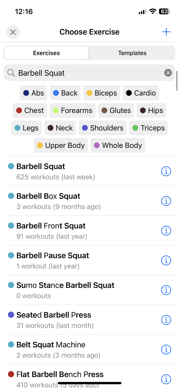 Search of Barbell Squat in the Exercise Browser