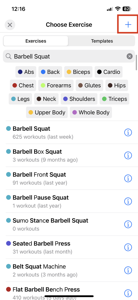 Exercise Browser with the Add Exercise button highlighted