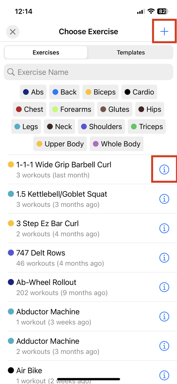 Exercise browser with add and edit buttons highlighted